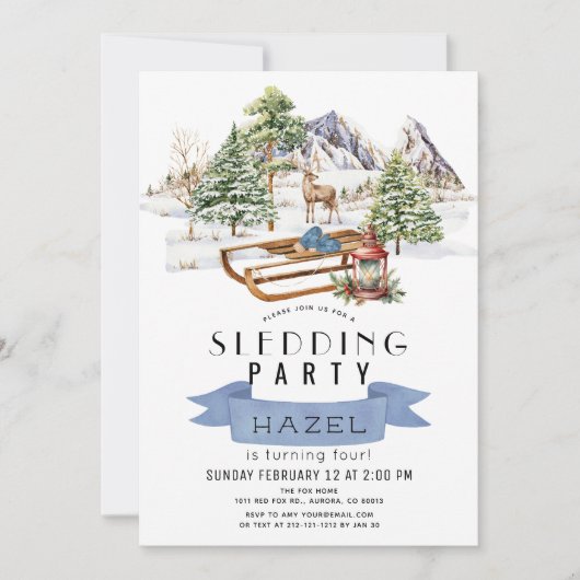 そりパーティーウィンタースノーウィースマウンテン誕生日 招待状 (正面)