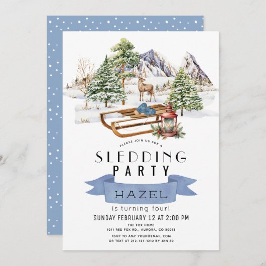 そりパーティーウィンタースノーウィースマウンテン誕生日 招待状 (正面/裏面)