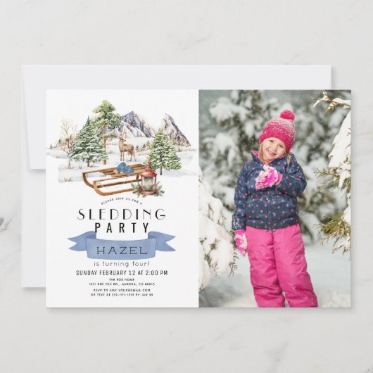 そりパーティー冬山誕生日写真 招待状 (正面)