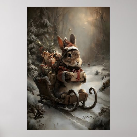 そり上のクリスマスウサギ、温かみのある冬の動物アート ポスター (正面)