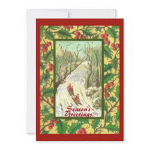 そり付きヴィンテージクリスマスカードとホリー