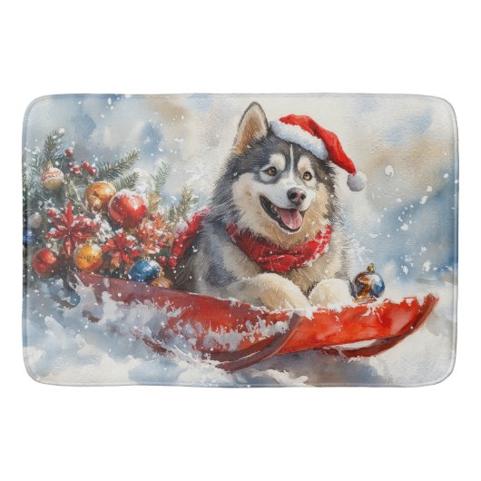 そり犬のアラスカン・マラミュート Let it Snow クリスマス バスマット (正面)
