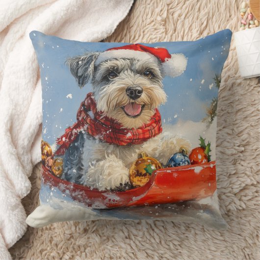 そり犬のシュナウザー　雪を降らせて　クリスマス クッション (ブランケット)