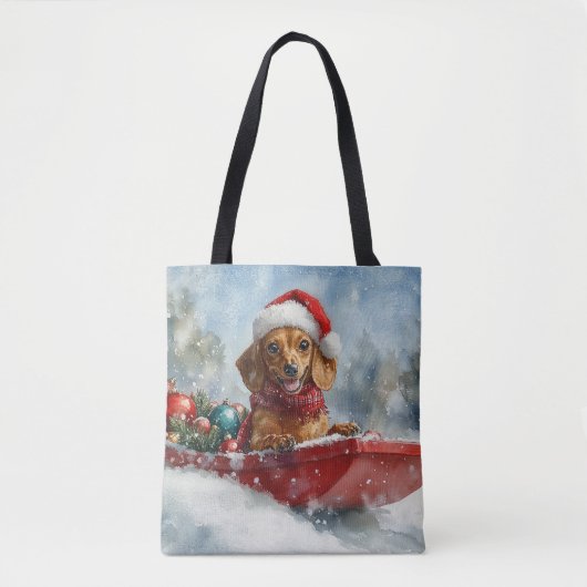 そり犬のダックスフント 雪を降らせて クリスマス トートバッグ (正面)