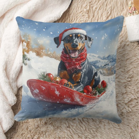 そり犬のドーベルマン 雪を降らせて クリスマス クッション (ブランケット)