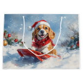 そり犬のビーグル犬 雪を降らせて クリスマス ラージペーパーバッグ (正面)