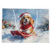 そり犬のビーグル犬 雪を降らせて クリスマス ラージペーパーバッグ (裏面)