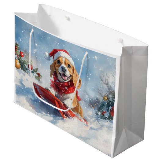 そり犬のビーグル犬 雪を降らせて クリスマス ラージペーパーバッグ (正面アングル)