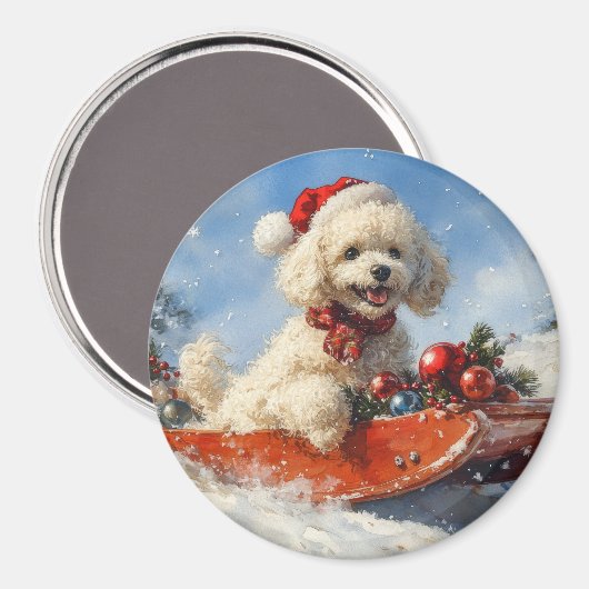 そり犬のプードル 雪を降らせて クリスマス マグネット (正面/裏面)