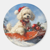そり犬のプードル 雪を降らせて クリスマス マグネット (正面)