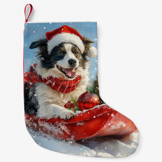 そり犬のボーダーコリー Let it Snow クリスマス スモールクリスマスストッキング (正面)