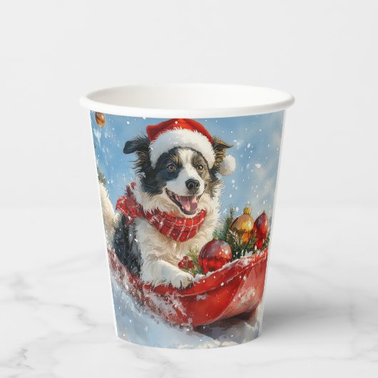 そり犬のボーダーコリー Let it Snow クリスマス 紙コップ (正面)