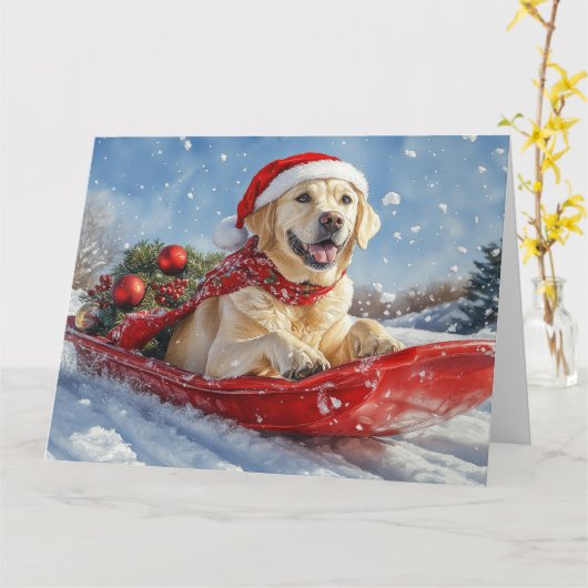 そり犬のラブラドール犬 雪を降らせて クリスマス カード (黄色い花)