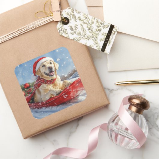 そり犬のラブラドール犬 雪を降らせて クリスマス スクエアシール (ギフト)