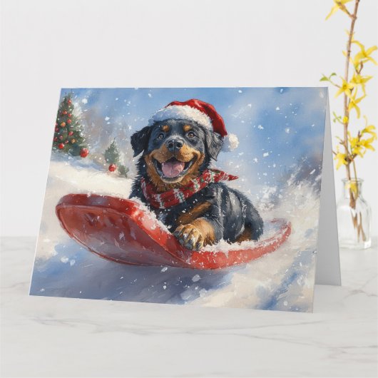 そり犬のロットワイラー 雪だるまクリスマス カード (黄色い花)