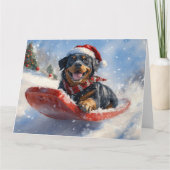 そり犬のロットワイラー 雪だるまクリスマス カード (正面)