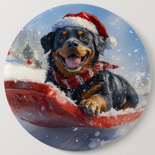 そり犬のロットワイラー 雪だるまクリスマス 缶バッジ (正面)