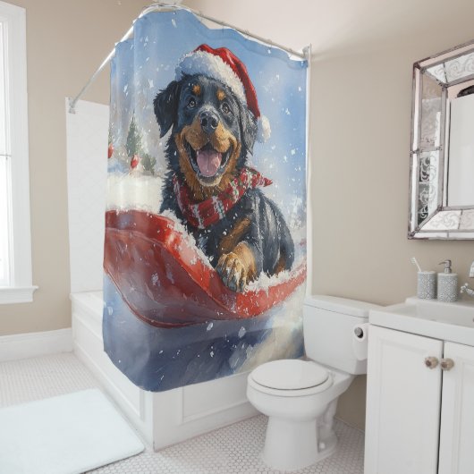 そり犬のロットワイラー 雪を降らせて クリスマス シャワーカーテン (インサイチュ)