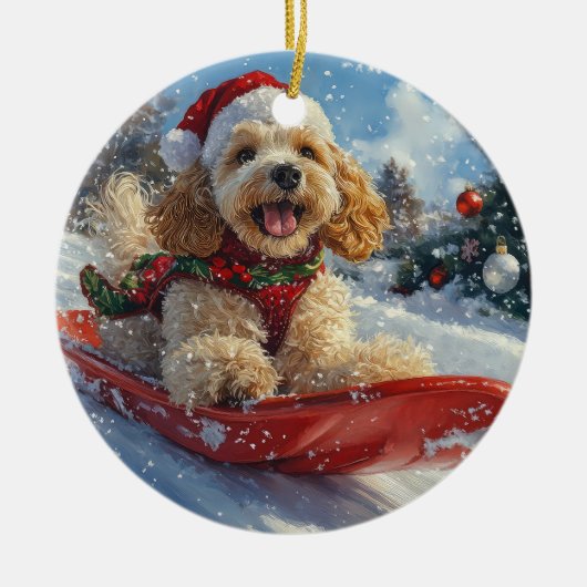 そり犬の可愛いコッカー・スパニエル 雪を降らせて クリスマス セラミックオーナメント (正面)