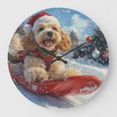 そり犬の可愛いコッカー・スパニエル 雪を降らせて クリスマス ラージ壁時計 (正面)