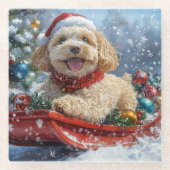 そり犬コカプー 雪を降らせて クリスマス ガラスコースター (正面)