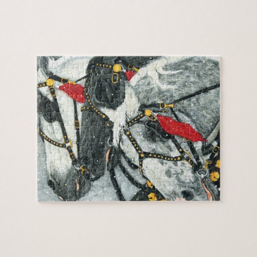 そり鐘のリング-冬のPercheronの馬のチーム ジグソーパズル (横)