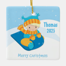 そり、クリスマスの男の子 セラミックオーナメント