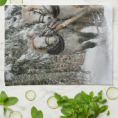 そり+乗る，雪，森，馬，冬，白，ギャロップ キッチンタオル (折り畳み)