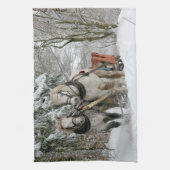 そり+乗る，雪，森，馬，冬，白，ギャロップ キッチンタオル (縦)