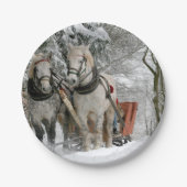 そり+乗る，雪，森，馬，冬，白，ギャロップ ペーパープレート (正面)