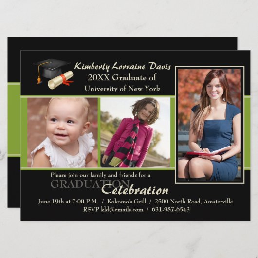 それからそして今緑の写真の卒業の招待状 招待状 (正面/裏面)