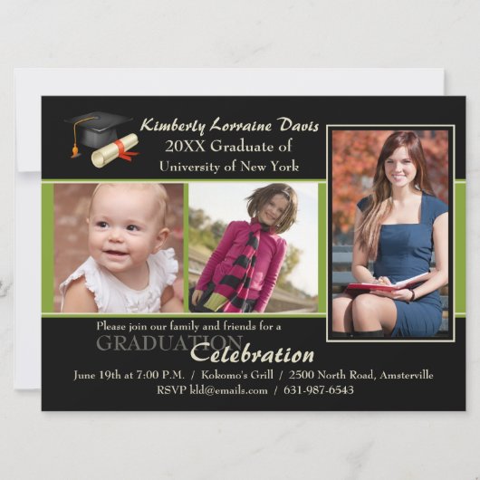 それからそして今緑の写真の卒業の招待状 招待状 (正面)