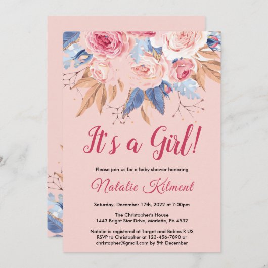 それが女の子ピンクの植物学の女の子のフローラ・ガール・ベビーシャワー 招待状 (正面/裏面)