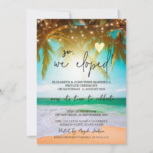 それで私たちはこっそり結婚式を挙げた、ビーチパームズウェディングエロープメント 招待状 (正面)