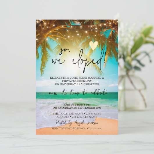 それで私たちはこっそり結婚式を挙げた、ビーチパームズウェディングエロープメント 招待状 (スタンド正面)