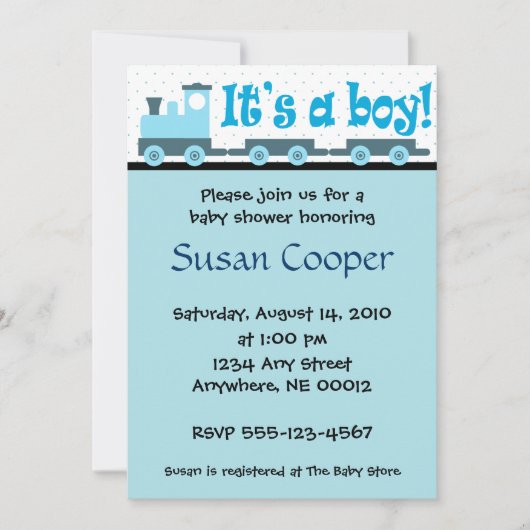 "それはです男の子!" おもちゃの列車のベビーシャワーの招待状 招待状 (正面)