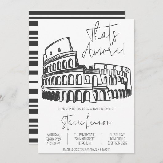 それはアモーレ、ローマ、イタリア、コロッセオブライダルシャワー 招待状 (正面/裏面)