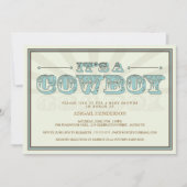 それはカウボーイの国のベビーシャワーの青の招待状です 招待状 (正面)