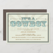 それはカウボーイの国のベビーシャワーの青の招待状です 招待状 (正面/裏面)