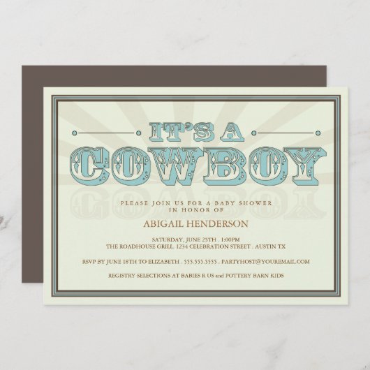 それはカウボーイの国のベビーシャワーの青の招待状です 招待状 (正面/裏面)