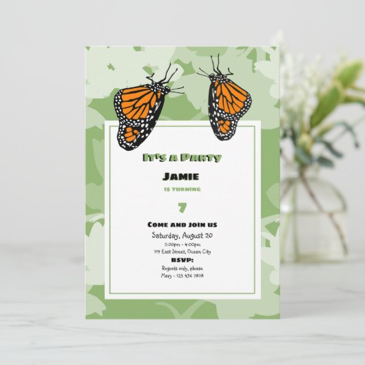 それはパーティーオレンジ(昆虫)オオカバマダラ、モナークバターフリィ誕生日 招待状 (スタンド正面)