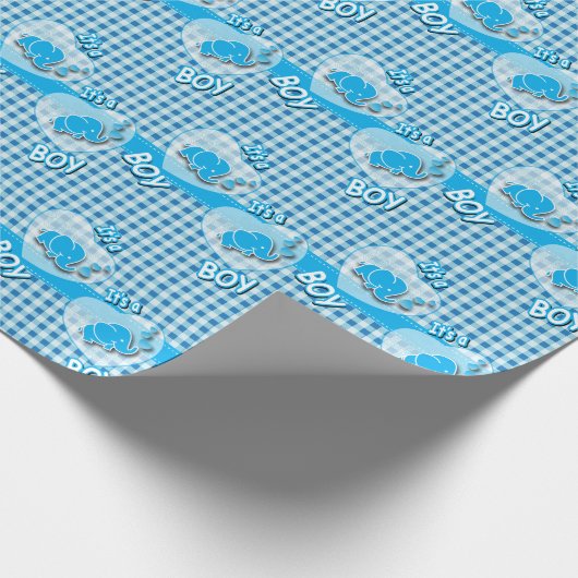 それはベビー象が付いている男の子の、青及び白い格子縞です ラッピングペーパー (角)