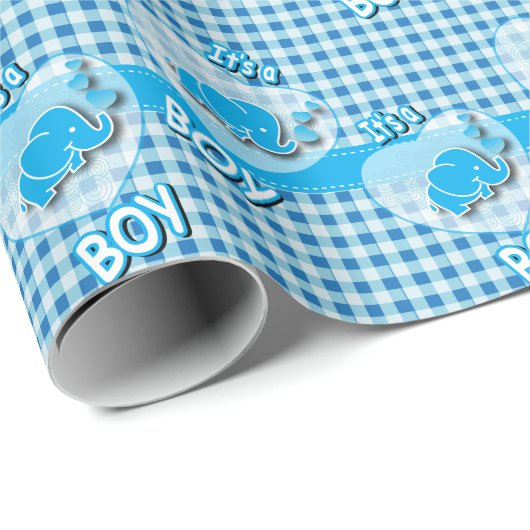 それはベビー象が付いている男の子の、青及び白い格子縞です ラッピングペーパー (ロールコーナー)