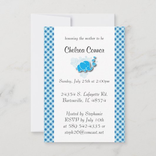 それはベビー象が付いている男の子の、青及び白い格子縞です 招待状 (裏面)