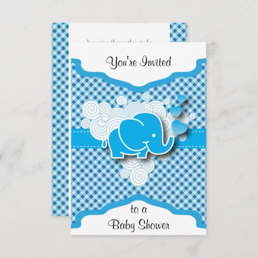 それはベビー象が付いている男の子の、青及び白い格子縞です 招待状 (正面/裏面)