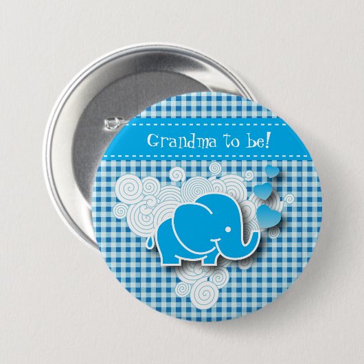 それはベビー象が付いている男の子の、青及び白い格子縞です 缶バッジ (正面&裏面)
