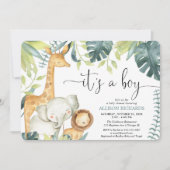 それはボーイウォーターの色のサファリ動物の赤ちゃんシャワーだ 招待状 (正面)
