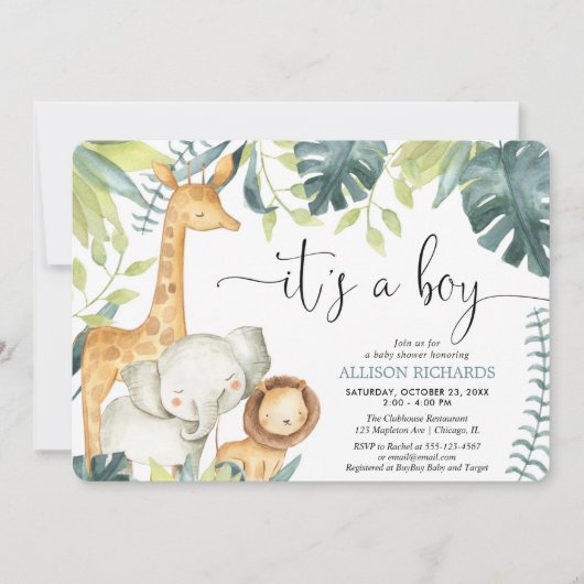 それはボーイウォーターの色のサファリ動物の赤ちゃんシャワーだ 招待状 (正面)