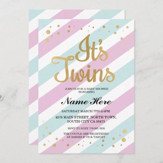 それは双生児のベビーシャワーのピンクの青い女の子の男の子の招待です 招待状 (正面/裏面)