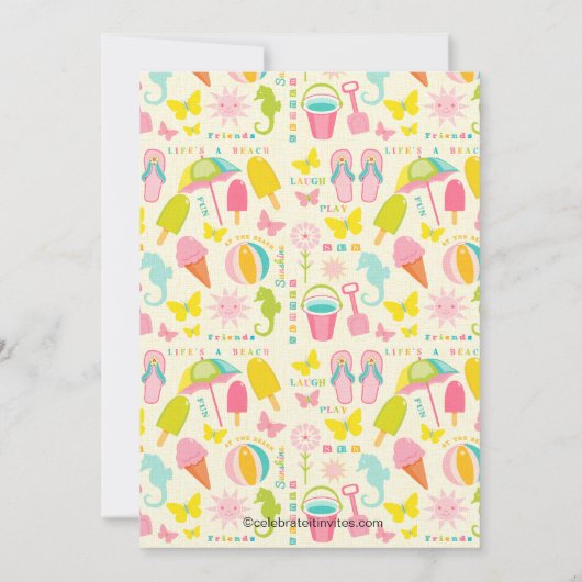 それは夏のビーチのプールのパーティの招待状です 招待状 (裏面)